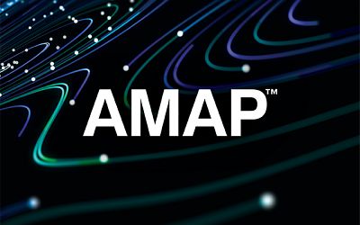 AMAP (the logo for Alternative Methods Advancement Project) written over a black background with swirls in neon blue and green