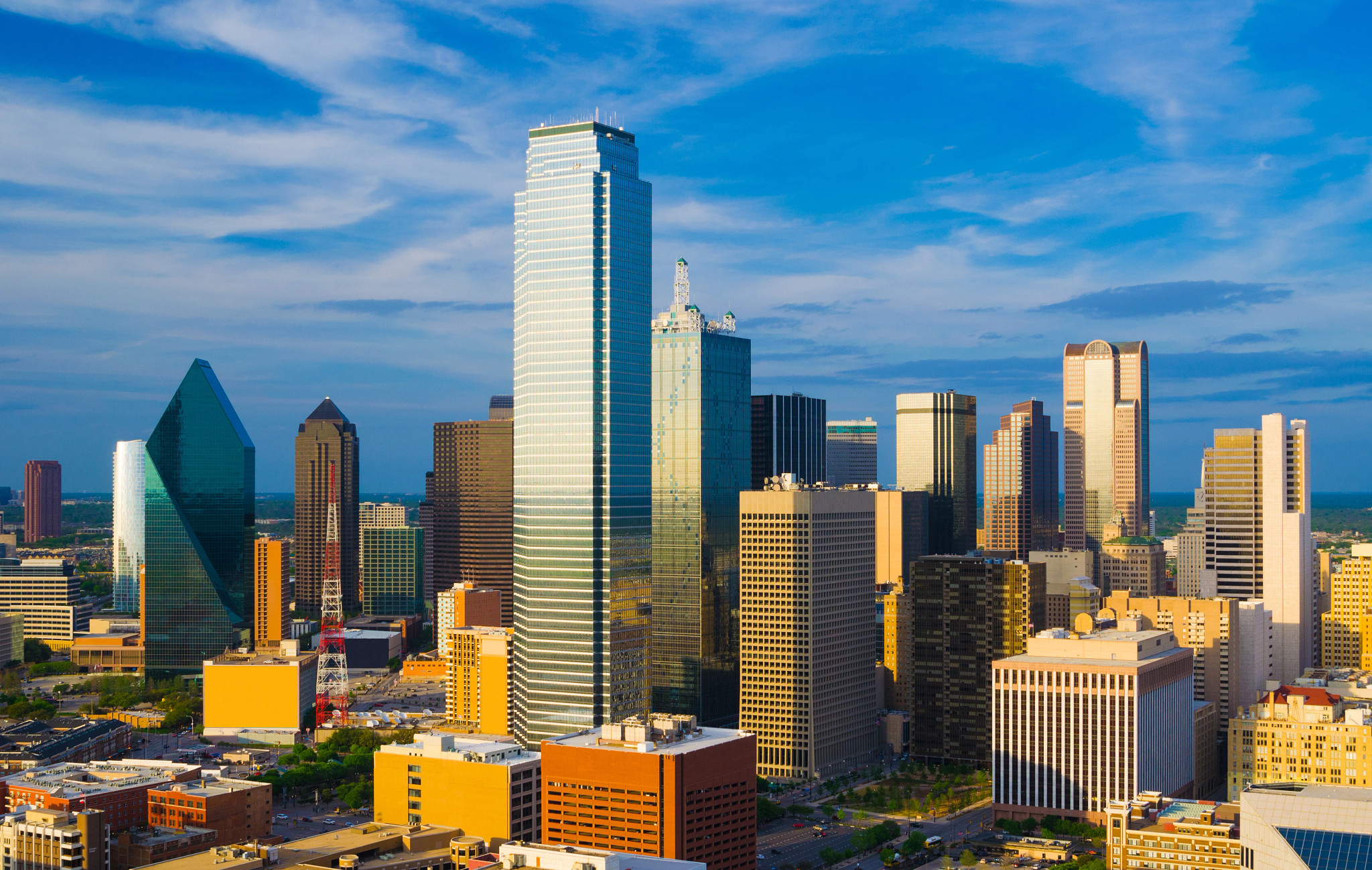 Aerial View Architecture Bank Of America Plaza Blue Building Exterior Built Structure City Cloud Cloudscape Contemporary Dallas, Texas
