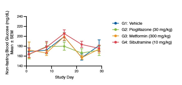 Line graph showing the effect of Standards of Care on Non-Fasting Blood Glucose in C57BL/6J DIO Mice