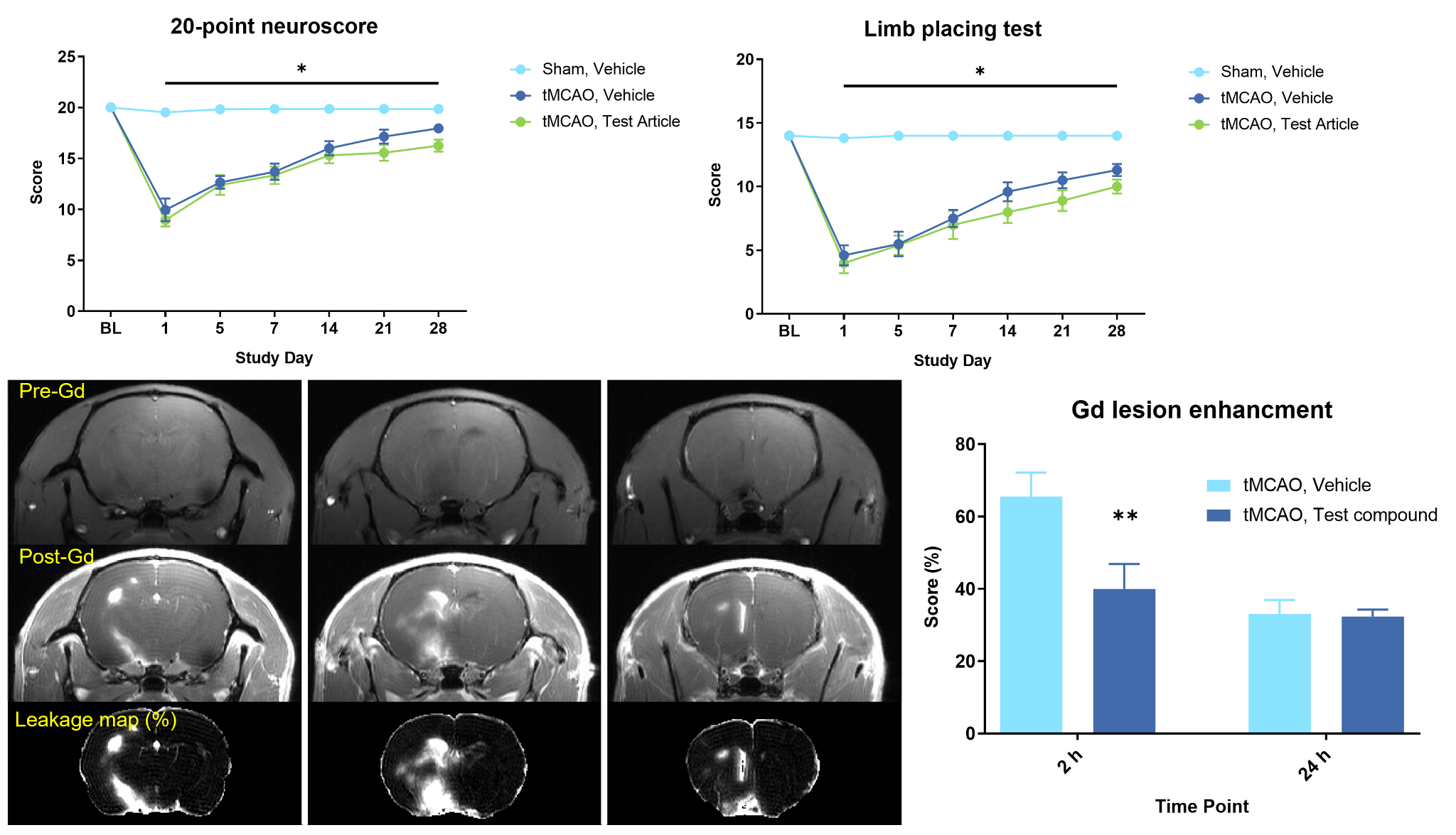 Data showing that tMCAO in rats causes functional deficits (20-point neuroscore and limb placement), as well as changes in BBB permeability, detected by Gd-enhanced MRI two hours after surgery.