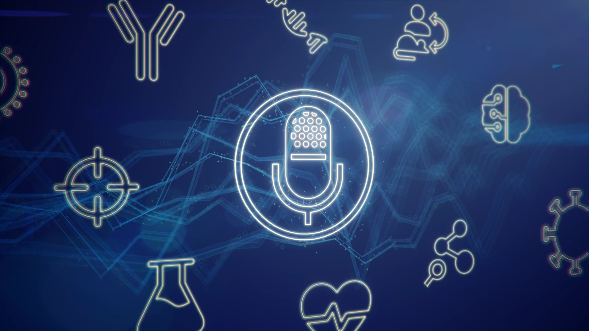 Iconic representation of a podcast, set against drug discovery imagery.