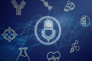 Iconic representation of a podcast, set against drug discovery imagery.