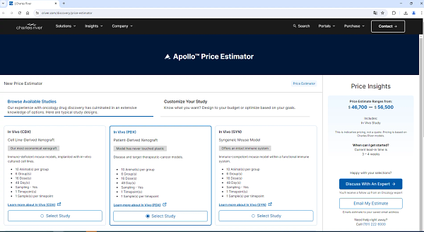 Apollo Price Estimator for in vivo and in vitro oncology studies