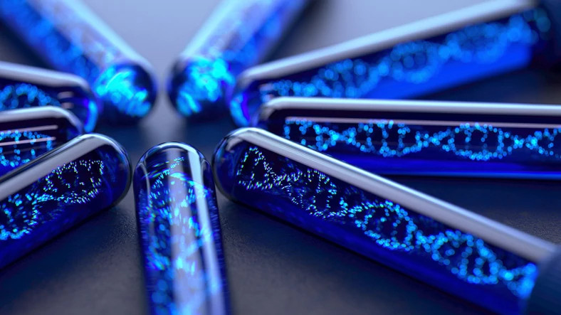 Test tube with DNA moleculeon abstract background