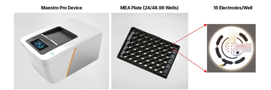 Illustration of the Maestro Pro Device, MEA Plate and 16 electrode well