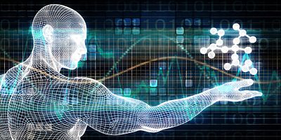 Digital illustration of a wireframe human figure extending an arm toward a molecular structure, with a background of binary code