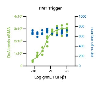 FMT trigger concentration response data from patient-derived fibroblasts, 72 hours post TGF-β1 trigger, from the Fibroblast-to-Myofibroblast Transition (FMT) Assay.