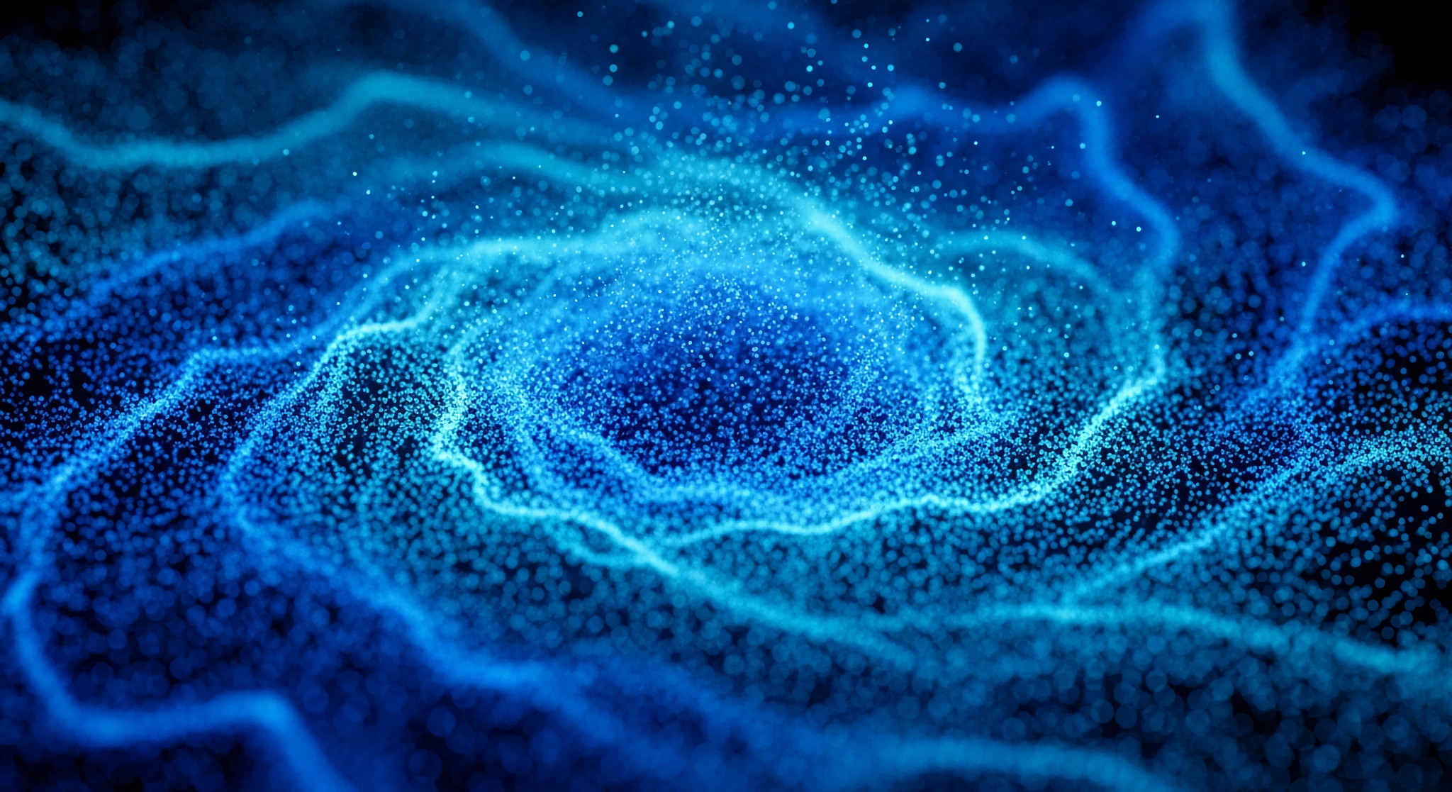 Vortex-like particle flow visualization, suggesting fluid dynamics or energy field simulation
