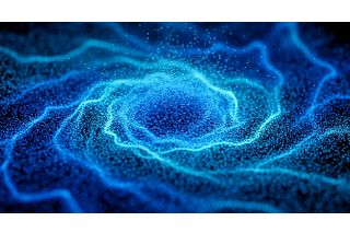 Vortex-like particle flow visualization, suggesting fluid dynamics or energy field simulation