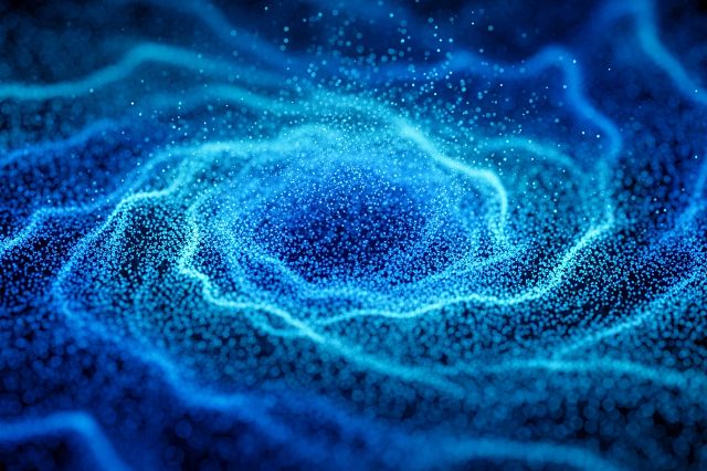Vortex-like particle flow visualization, suggesting fluid dynamics or energy field simulation.