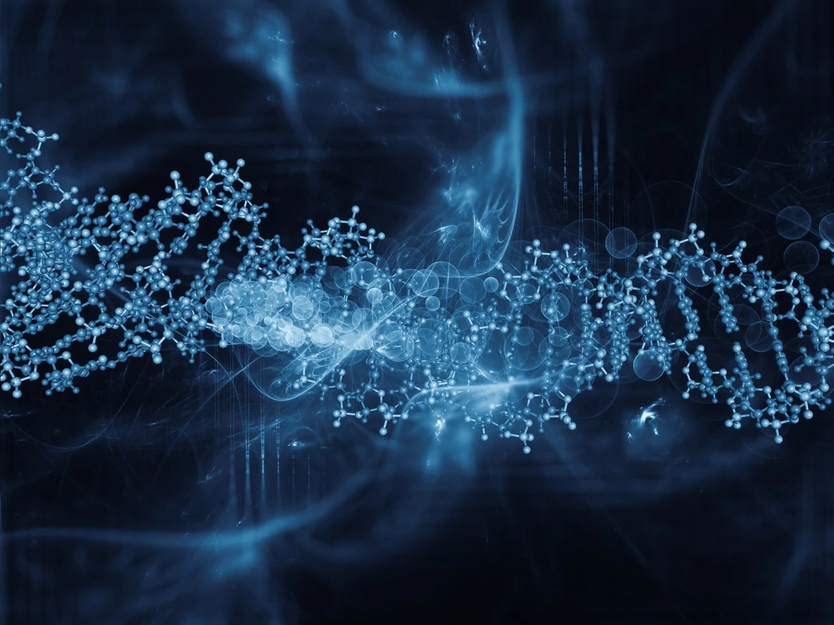 Digital visualization of a DNA double helix structure in blue tones on a dark background, representing molecular biology and genetic research.