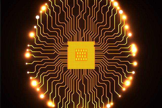 Neon brain. Cpu. Circuit board. Abstract technology background. Vector