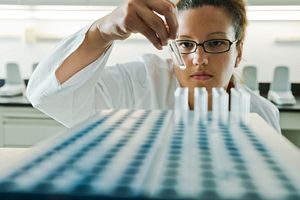 Technician looking at samples in a lab.