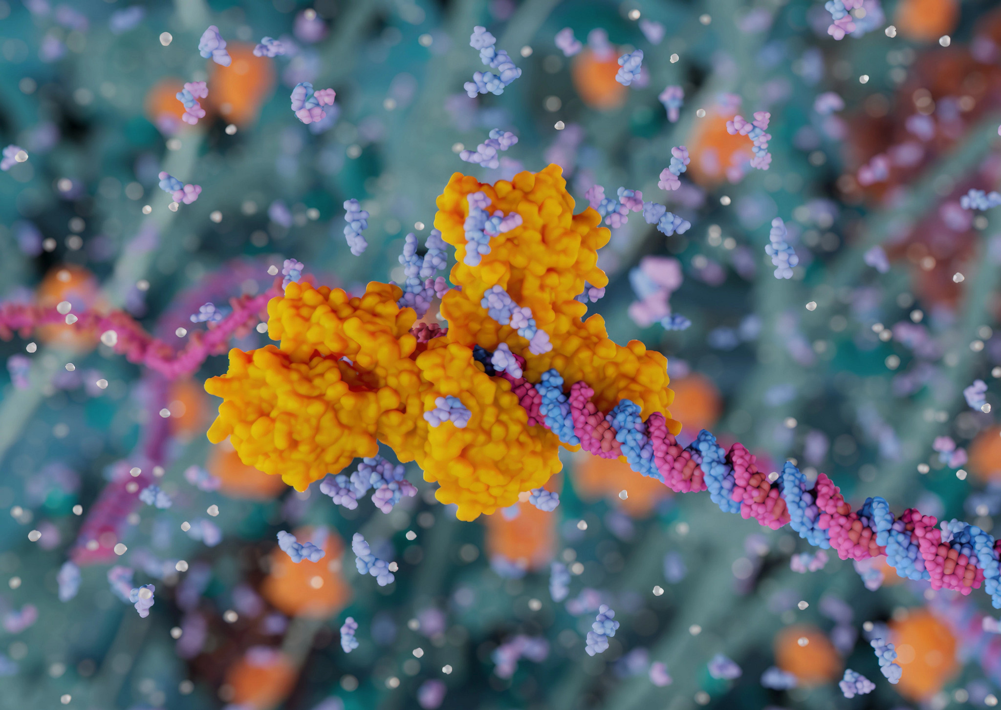 A graphic rendering of LINE-1 reverse transcriptase. Credit: MoA animation by Visual Science, 2023, and published by Baldwin et al. in 'Nature' (doi 10.1038/s41586-023-06947-z)