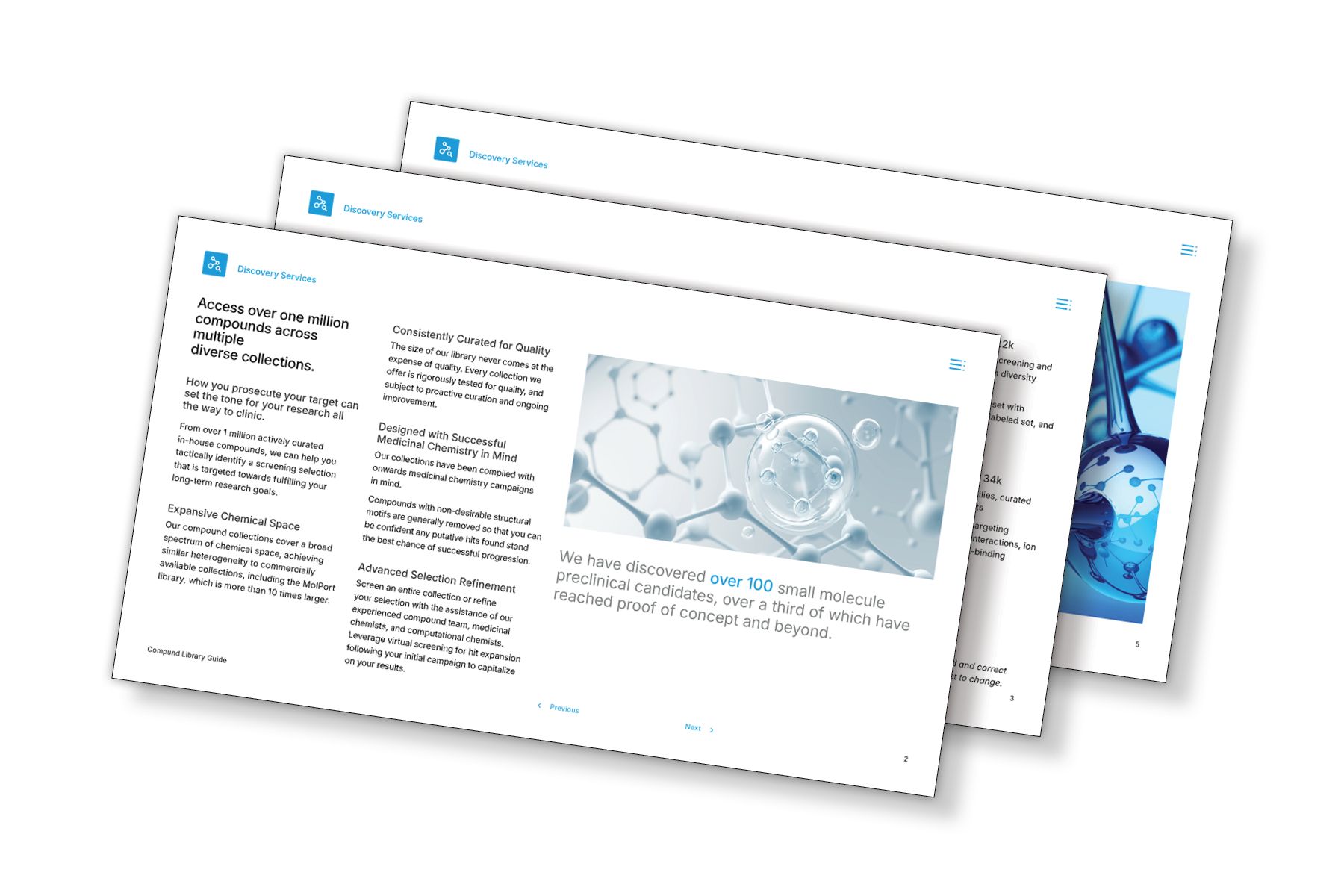 eBook thumbnail showing compound library overview with molecular structures and discovery statistics.