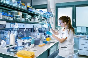 tech in lab coat and gloves pipetting from a small tube