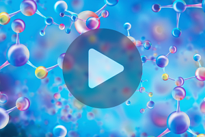 3D illustration of a molecule model in neon light with play button