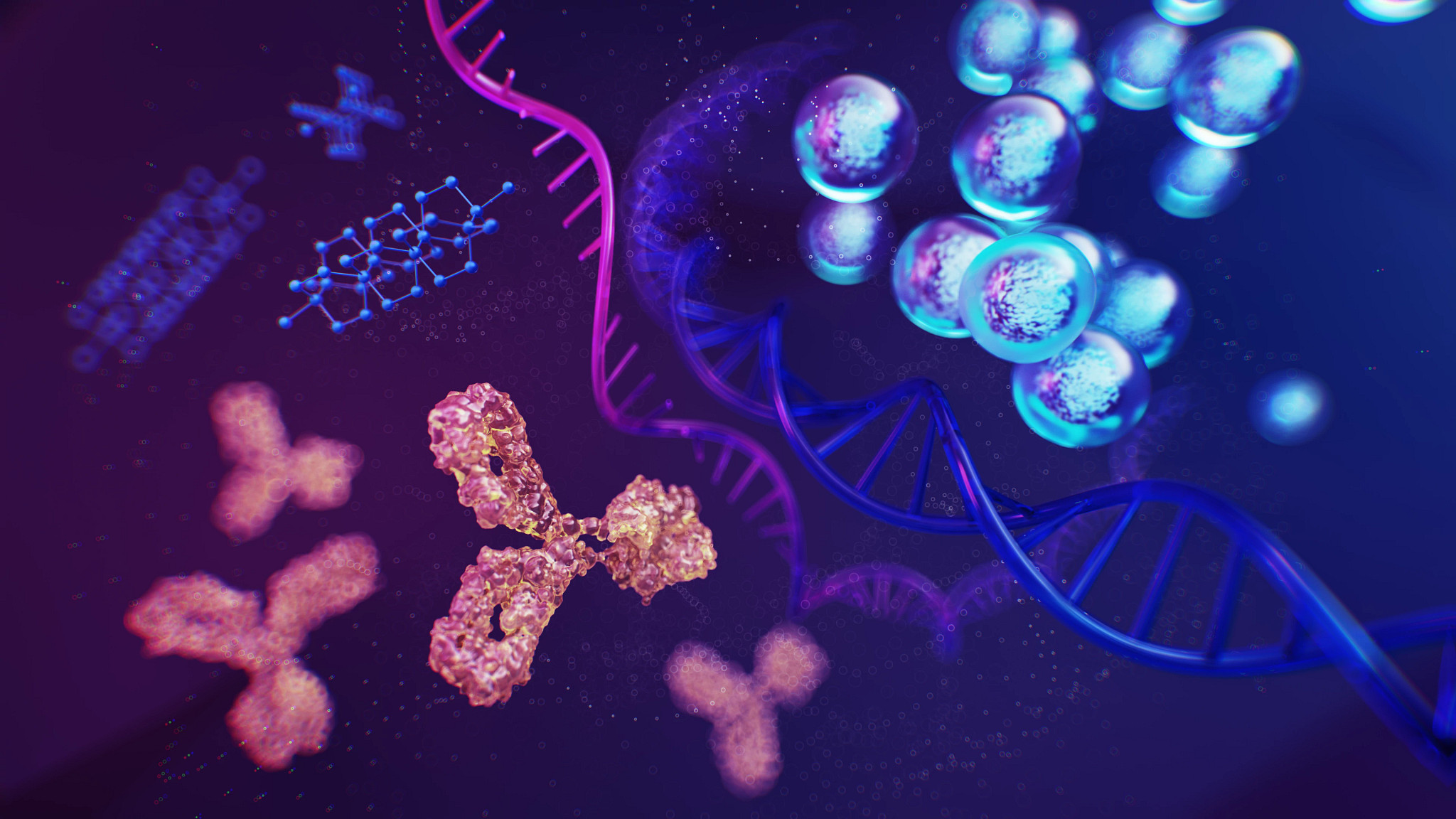 Scientific illustration showing pink-orange antibody molecules interacting with blue chemical structures, a pink and blue DNA double helix, and glowing blue cellular clusters, representing molecular biology and biochemical processes.