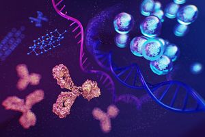 Scientific illustration showing pink-orange antibody molecules interacting with blue chemical structures, a pink and blue DNA double helix, and glowing blue cellular clusters, representing molecular biology and biochemical processes.
