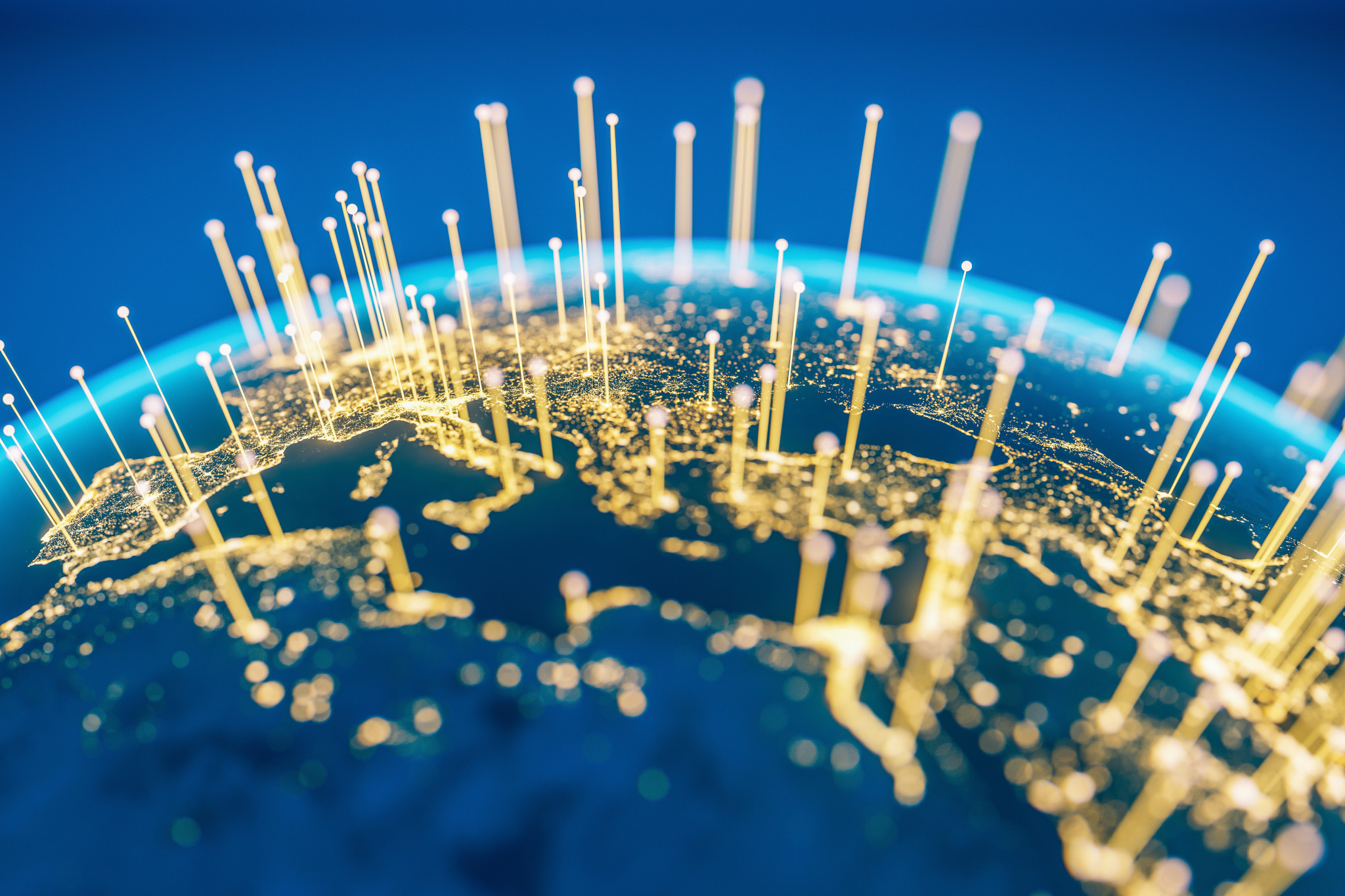 Abstract Earth view from space with cloud computing data rising from major cities