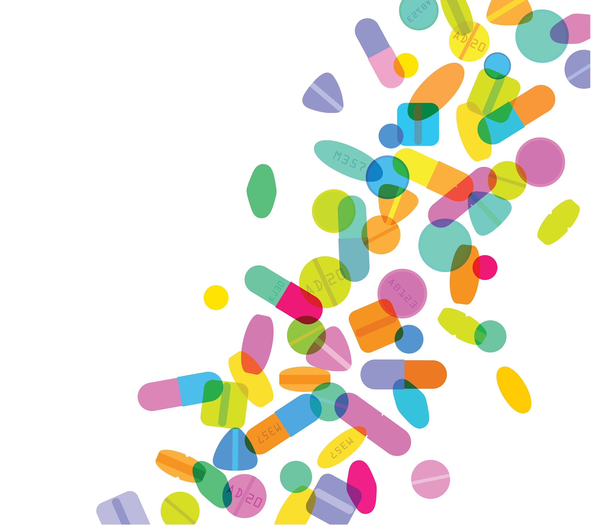 Colourful overlapping silhouettes of pills and capsules.