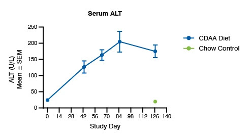 Line graph showing the serum ALT biomarker for the CDAA Mouse Model