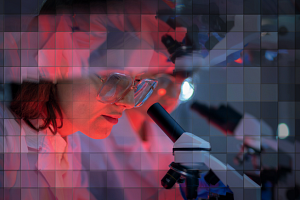 Abstract image of of a scientist looking through a microscope