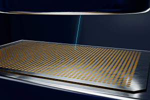 A SAMDI biochip being analyzed using a matrix-assisted laser desorption ionization (MALDI) time-of-flight (TOF) mass spectrometry. Upon laser activation, the surface desorbs and the molecules are sent to the detector.