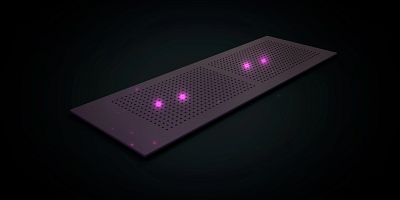 Graphic image render of the cell microarray technology showing the fluorescent lights on the cell plate on a dark background.