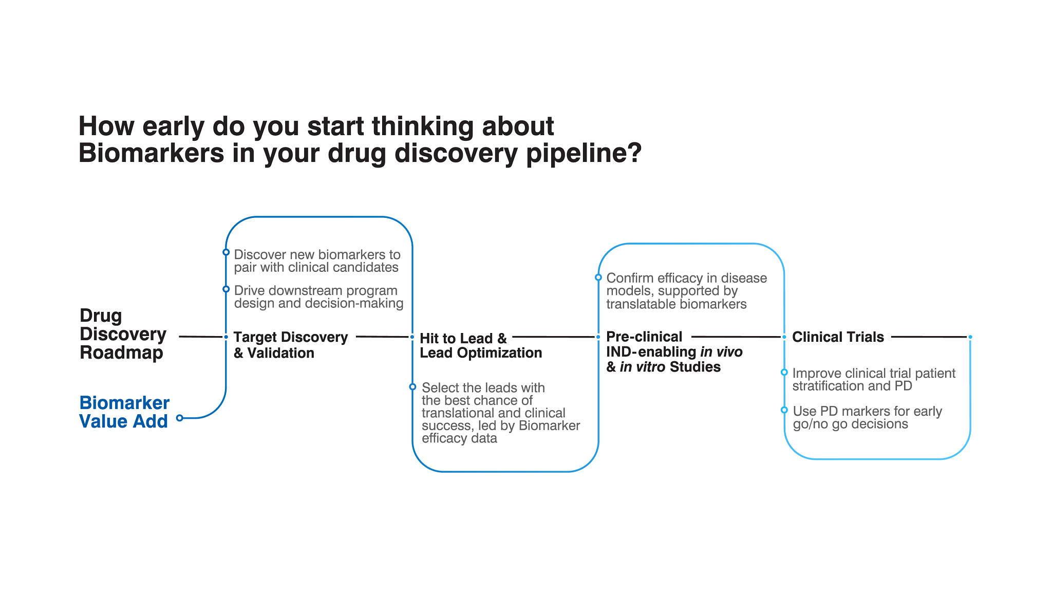 Flowchart showing biomarker contributions across drug discovery stages from target validation to clinical trials.