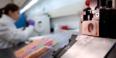 Microtome cutting sections from an FFPE tissue block in a histology lab.