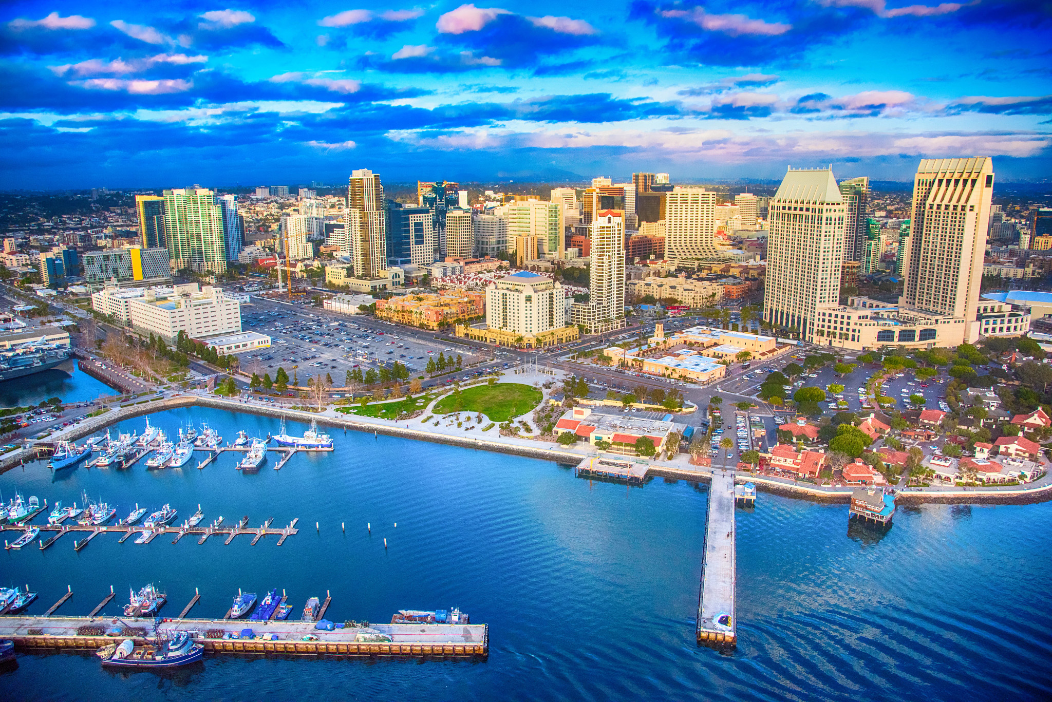 The downtown district of San Diego, California, shot after a storm at sunset from an altitude of approximately 300 feet during a helicopter photo flight.
