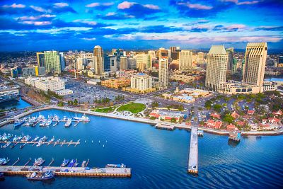 The downtown district of San Diego, California, shot after a storm at sunset from an altitude of approximately 300 feet during a helicopter photo flight.
