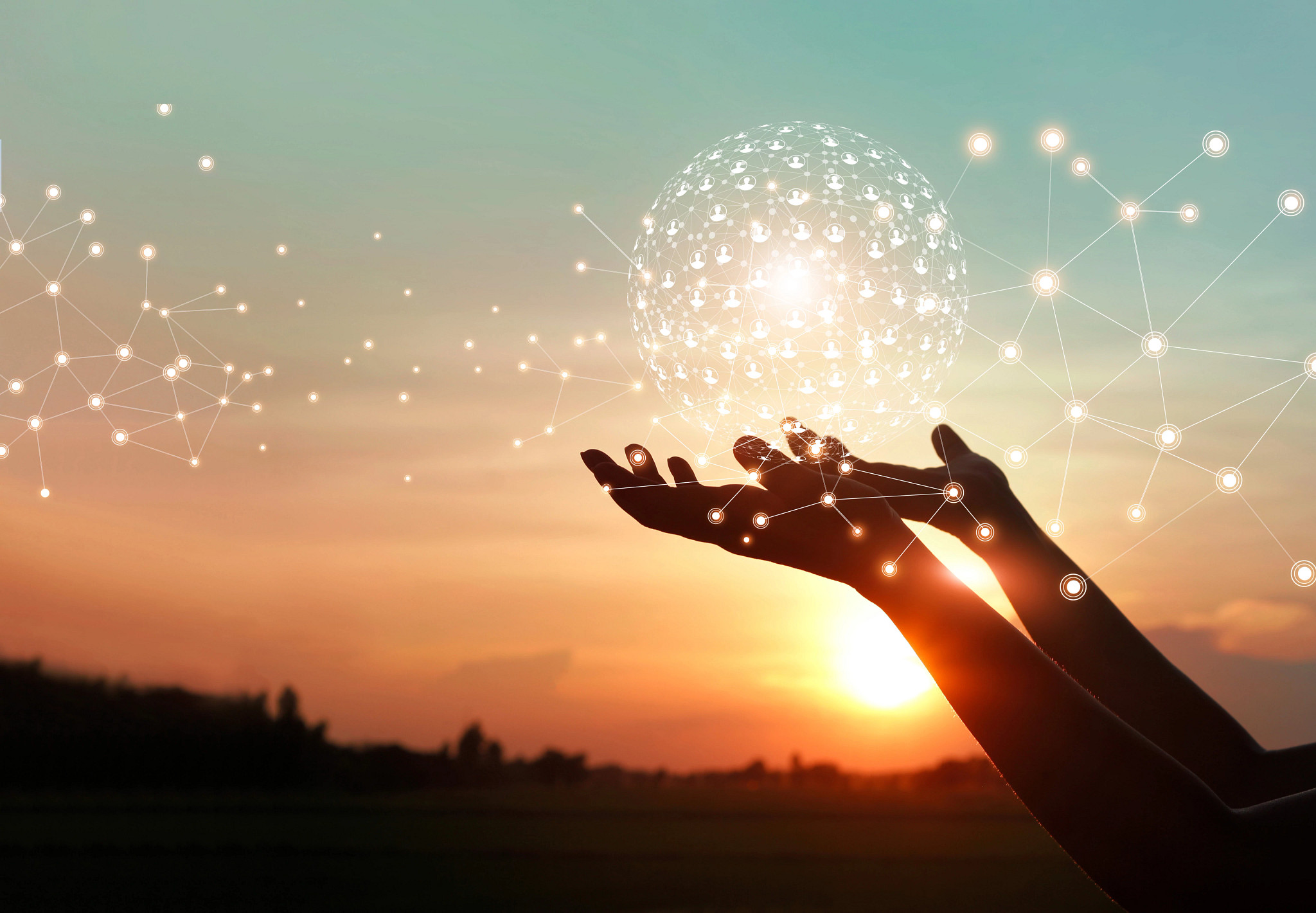 Man hands holding global network and data customer connection on nature background