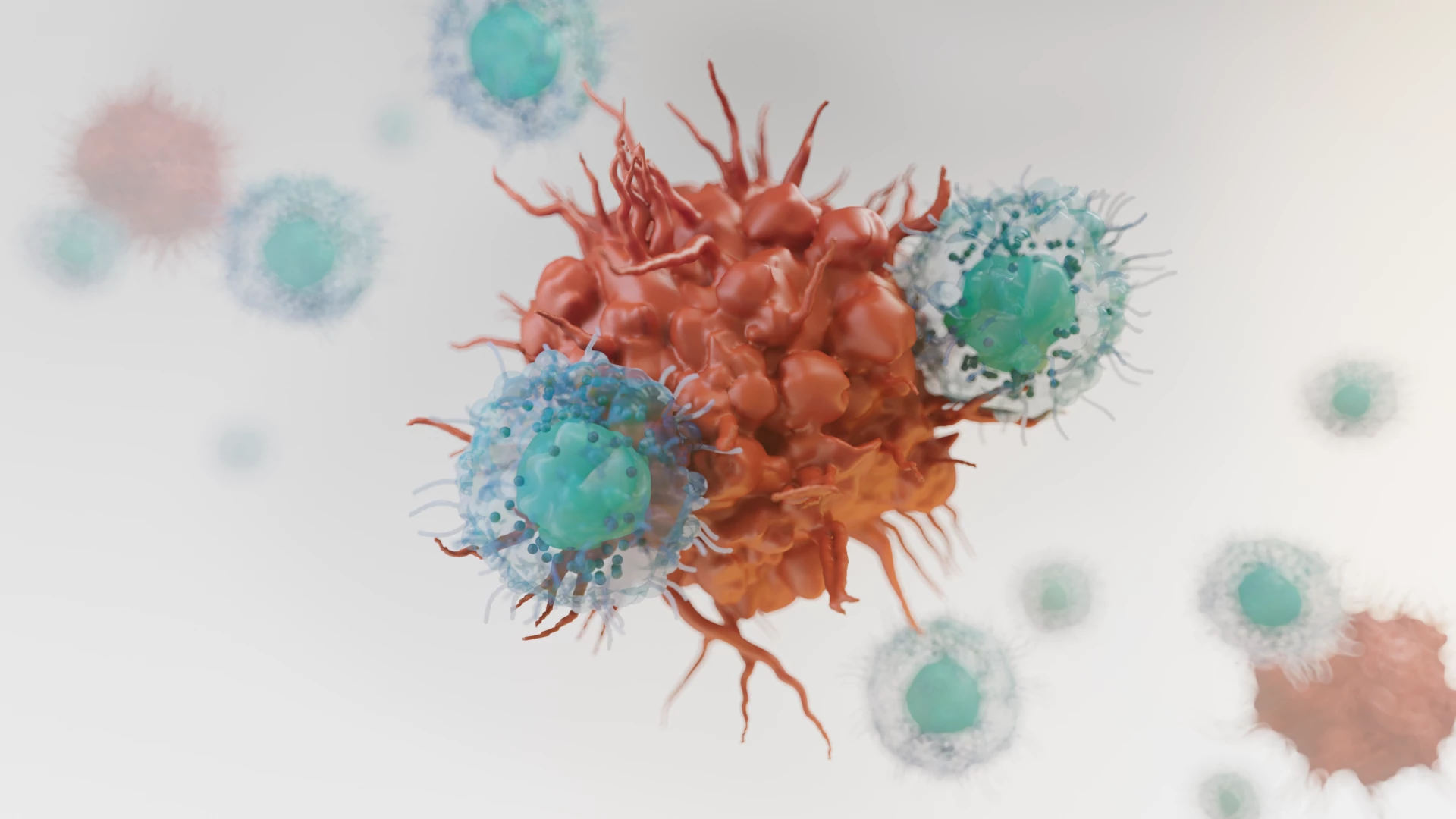digital image of natural killer cells targeting cancer cells