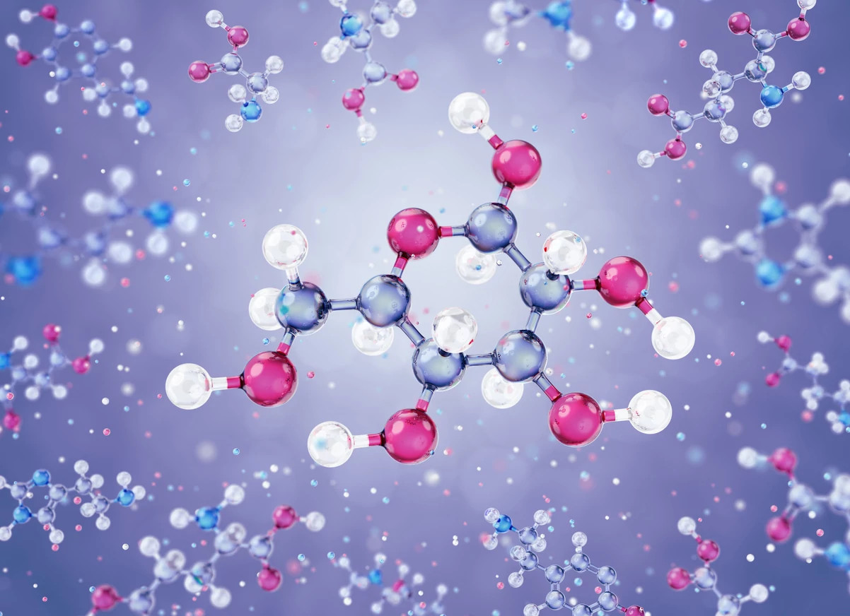 sugar molecule with purple white red colors