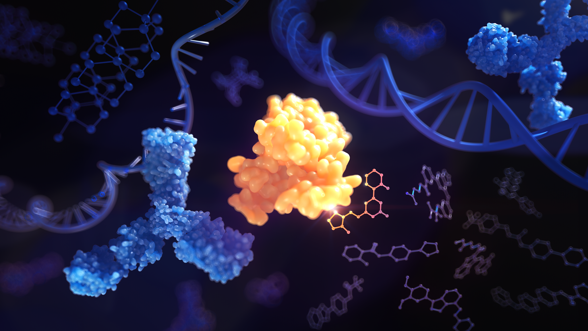 Graphic representation of hit identification, showing binding occurring among a variety of molecules and modalities.