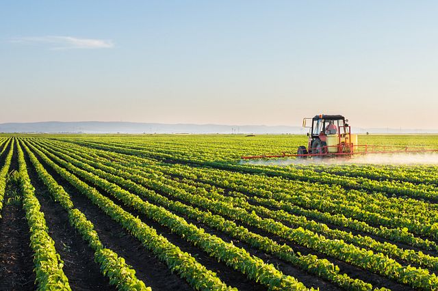 tractor with attachment to apply fertilizer to large green field