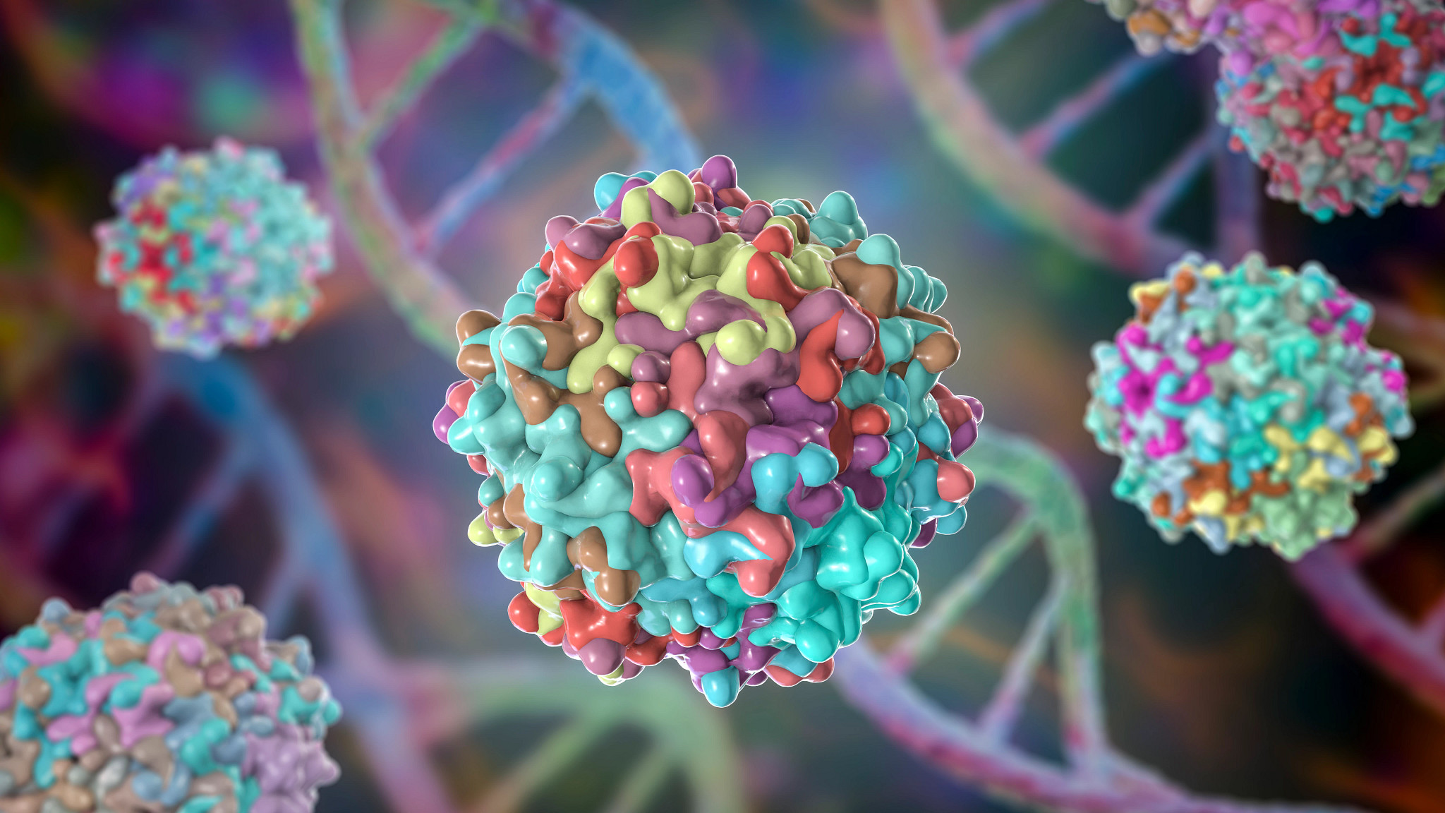 3D illustration of an Adeno-associated virus, the smallest known virus to infect humans belonging to the family Parvoviridae, used in viral vector testing for gene therapies