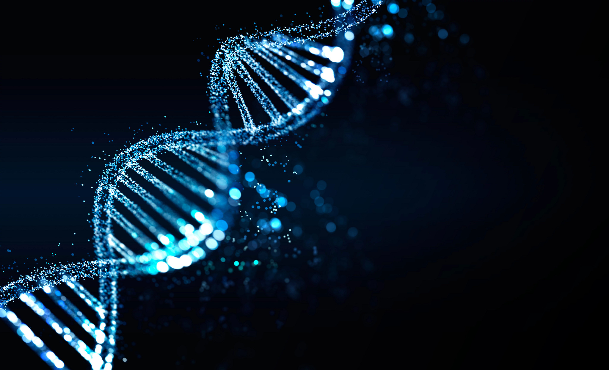 Blue DNA on black background. DNA structure and cells, chromosome 3d illustration