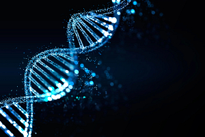 Blue DNA on black background. DNA structure and cells, chromosome 3d illustration