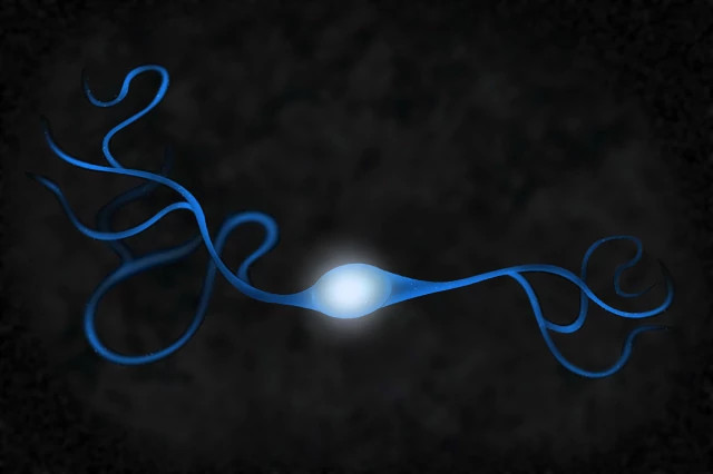 Image of blue dopamine neuron on black background to represent the neuroscience tools offered at Charles River.