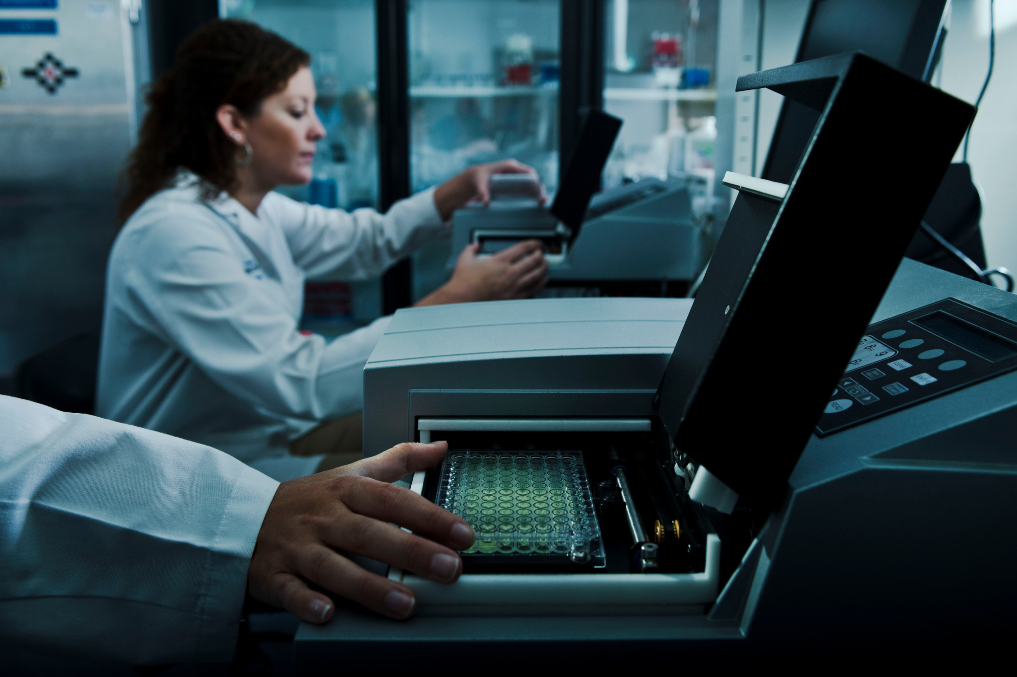 lab technician performing kinetic chromogenic LAL test using BioTek® incubating microplate reader