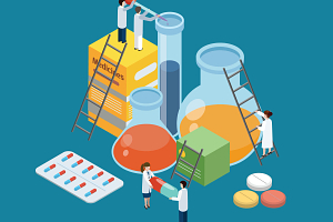 illustration pharmaceutical production symbolic isometric with lab researches climbing on medicine pills and beakers