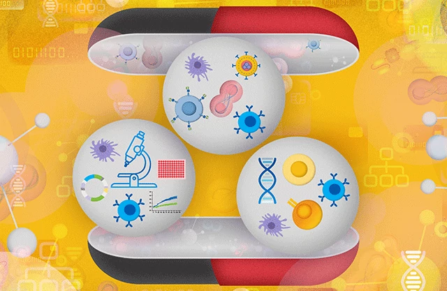 illustration of scientific elements in bubbles between two halves of a pill