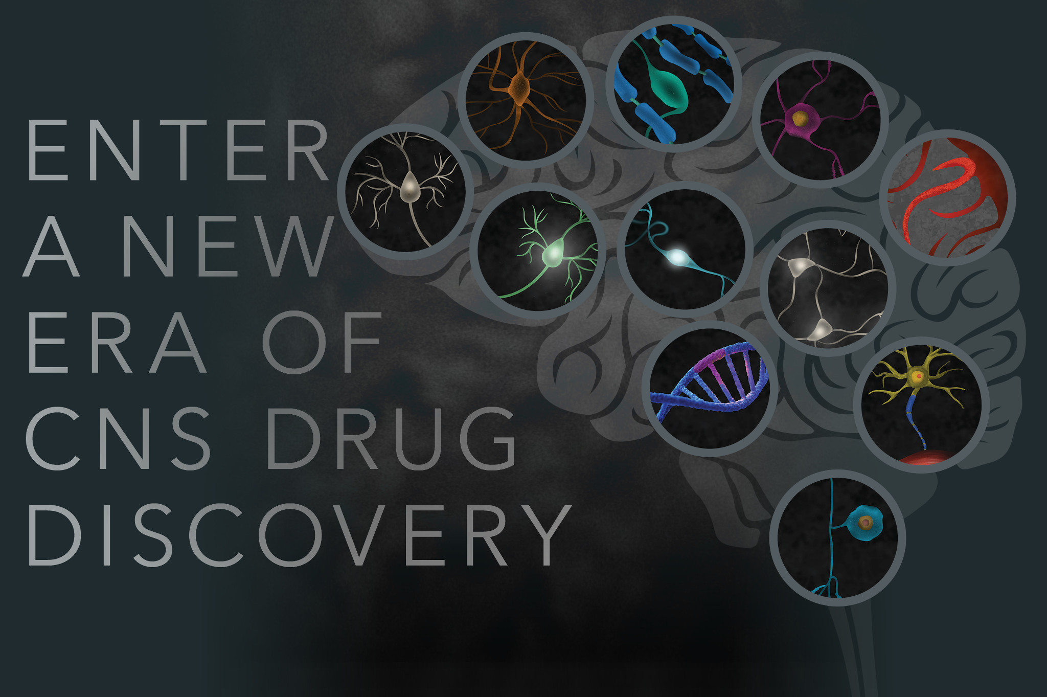 Neurons overlaid on regions of the brain, representing neurological disease states and neuronal subtypes. The “Enter a new era of CNS drug discovery” image title conveys the need to start over with new tools and collaboration.