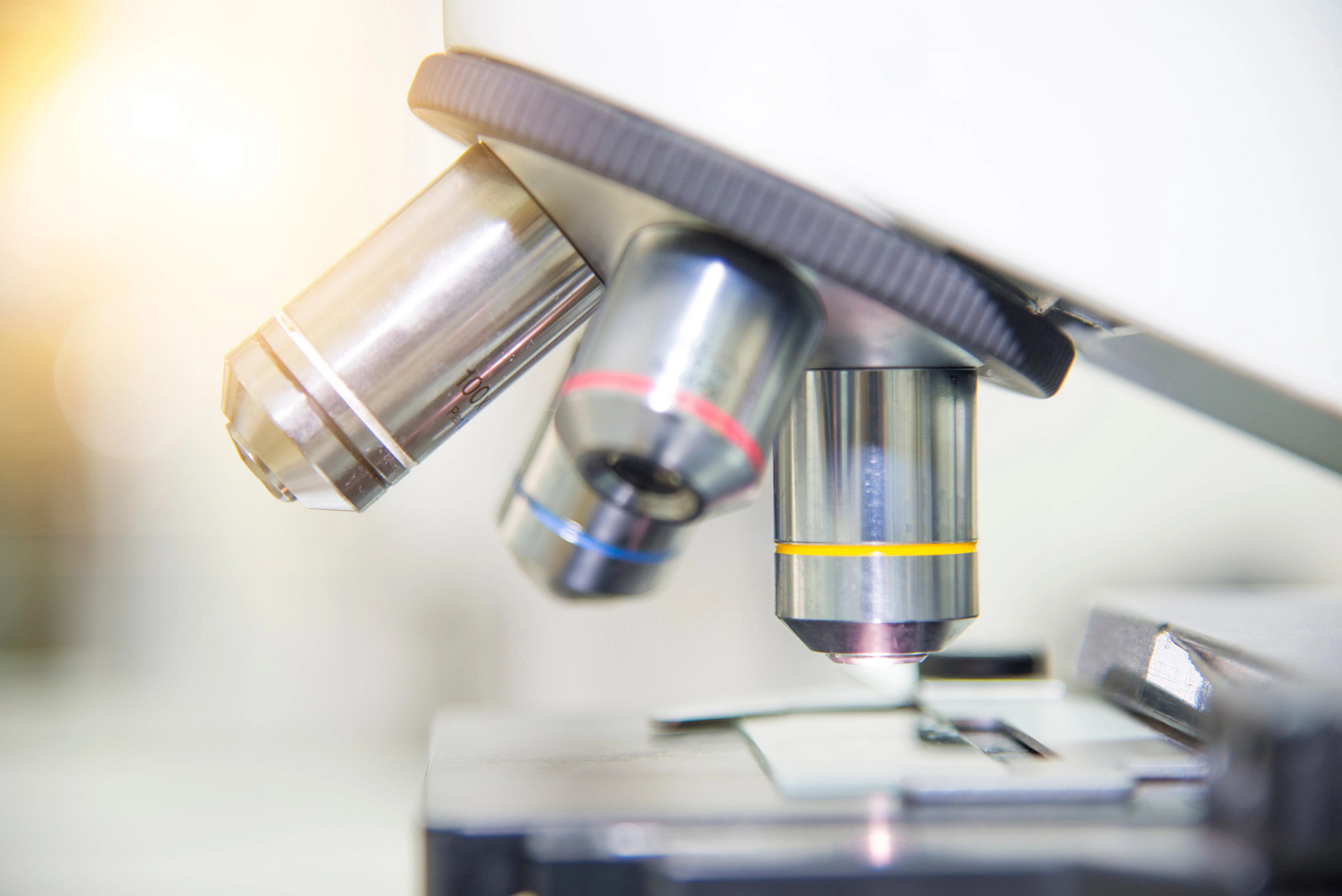 Close up microscope in laboratory.