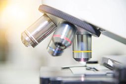 Close up microscope in laboratory.