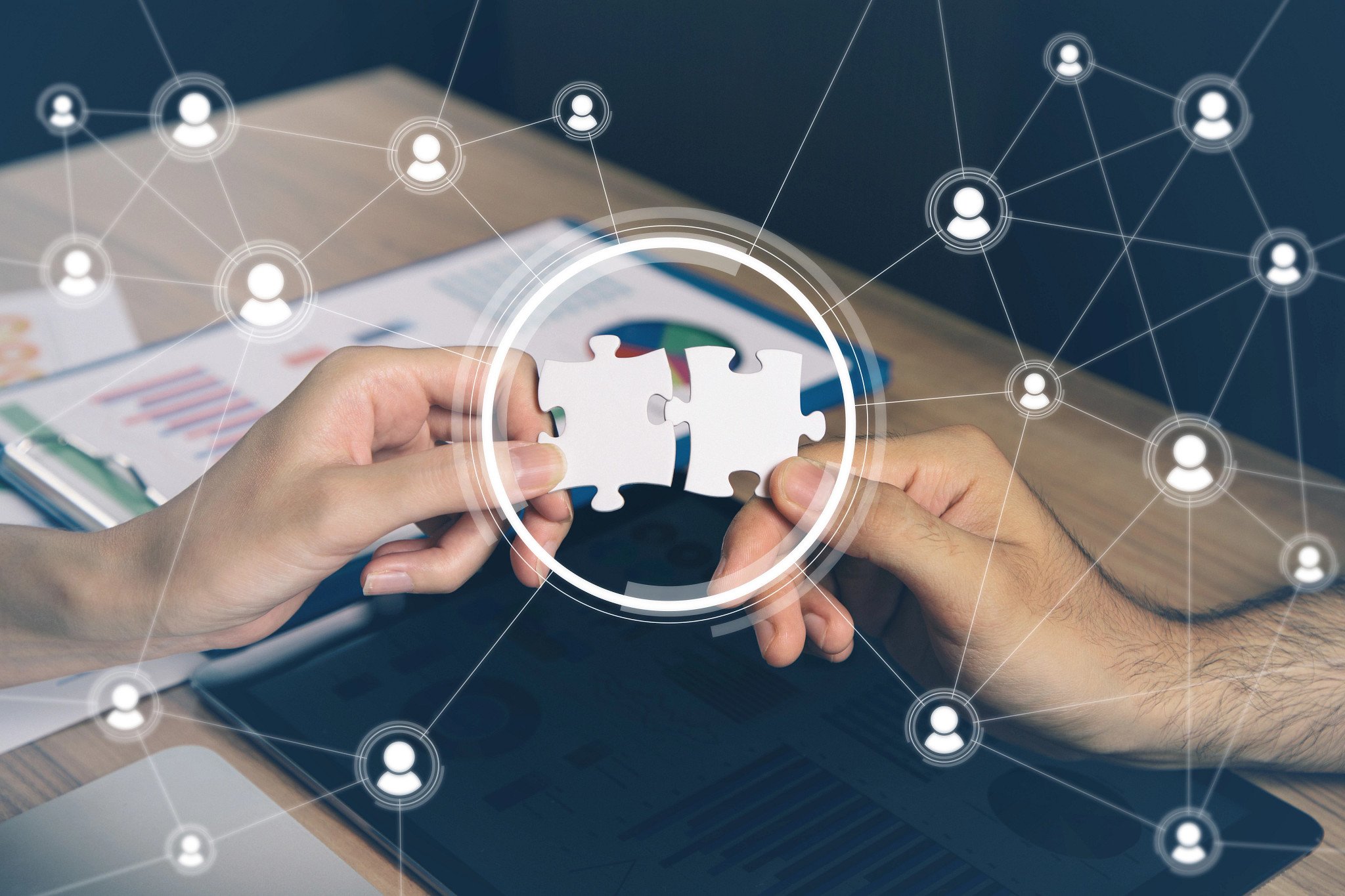 men holding jigsaw puzzle for business matching