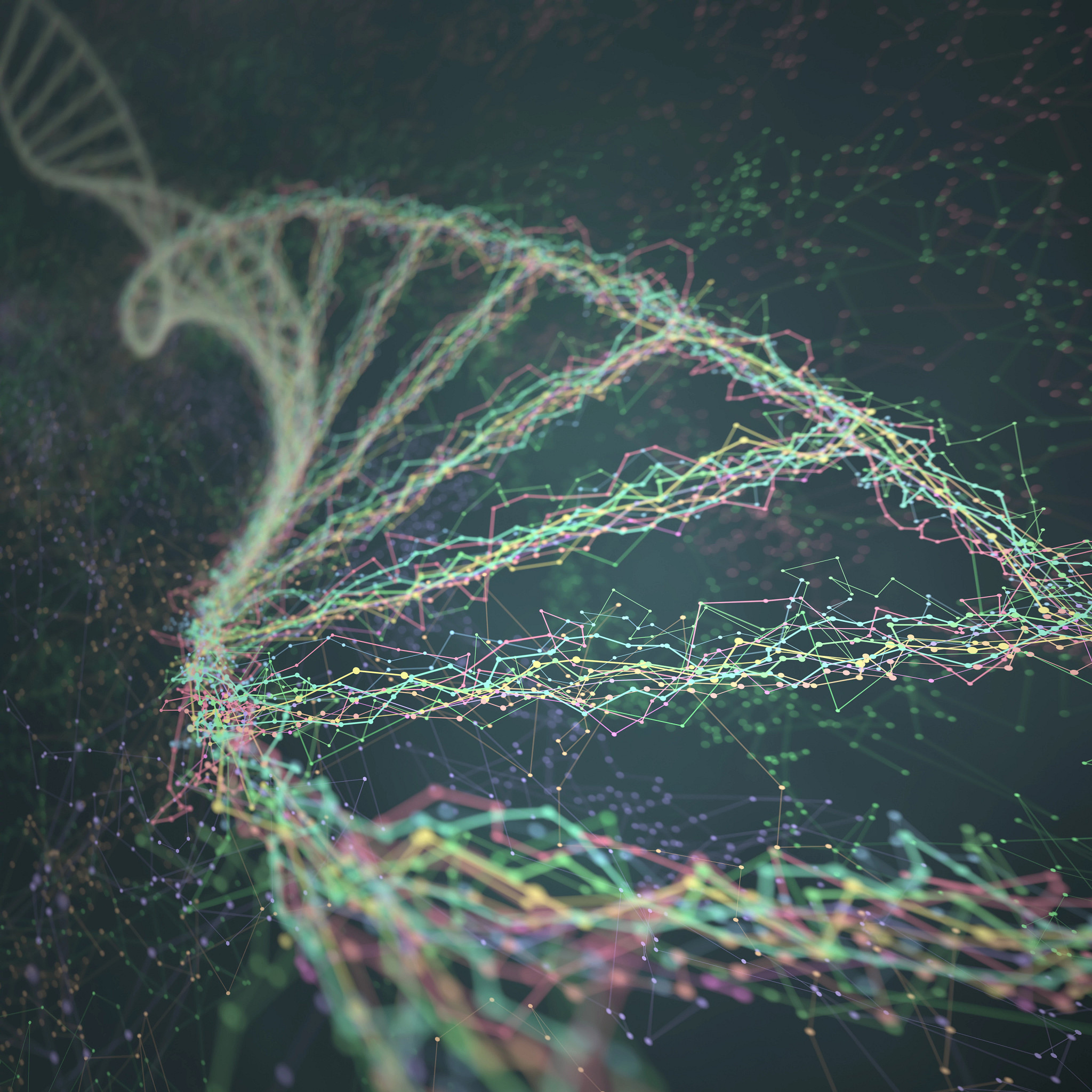 Dna helix connected by nodes and connections colored